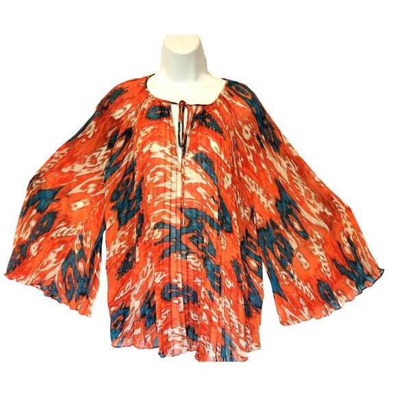 Michael Kors Womens Pleated Crinkle Chiffon Caftan Blouse L Orange & Blue Abstra - Picture 2 of 9